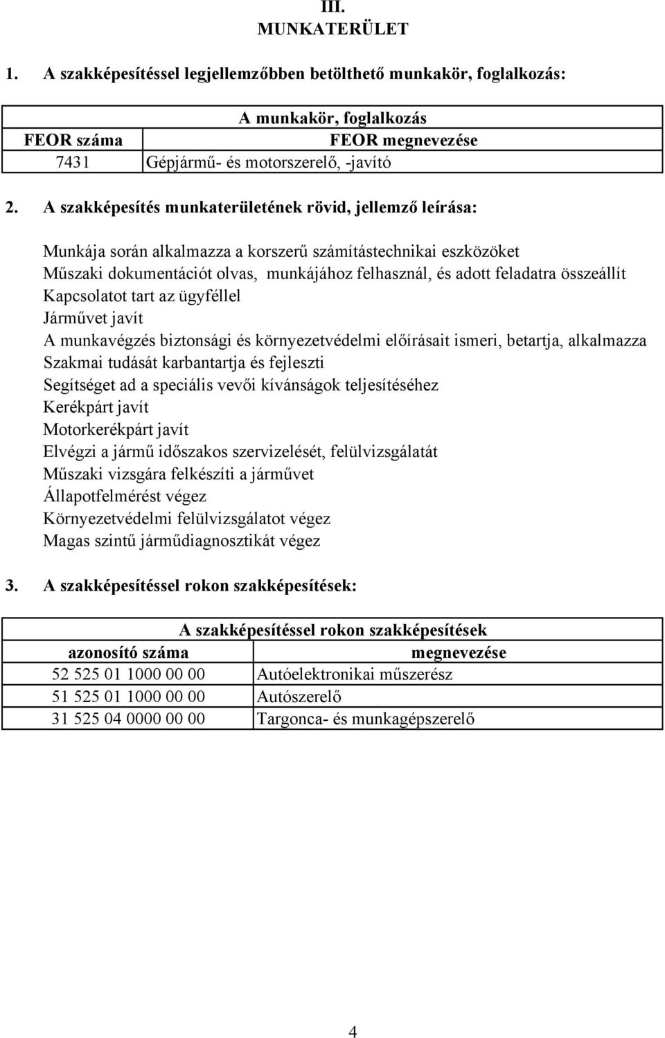 összeállít Kapcsolatot tart az ügyféllel Járművet javít A munkavégzés biztonsági és környezetvédelmi előírásait ismeri, betartja, alkalmazza Szakmai tudását karbantartja és fejleszti Segítséget ad a