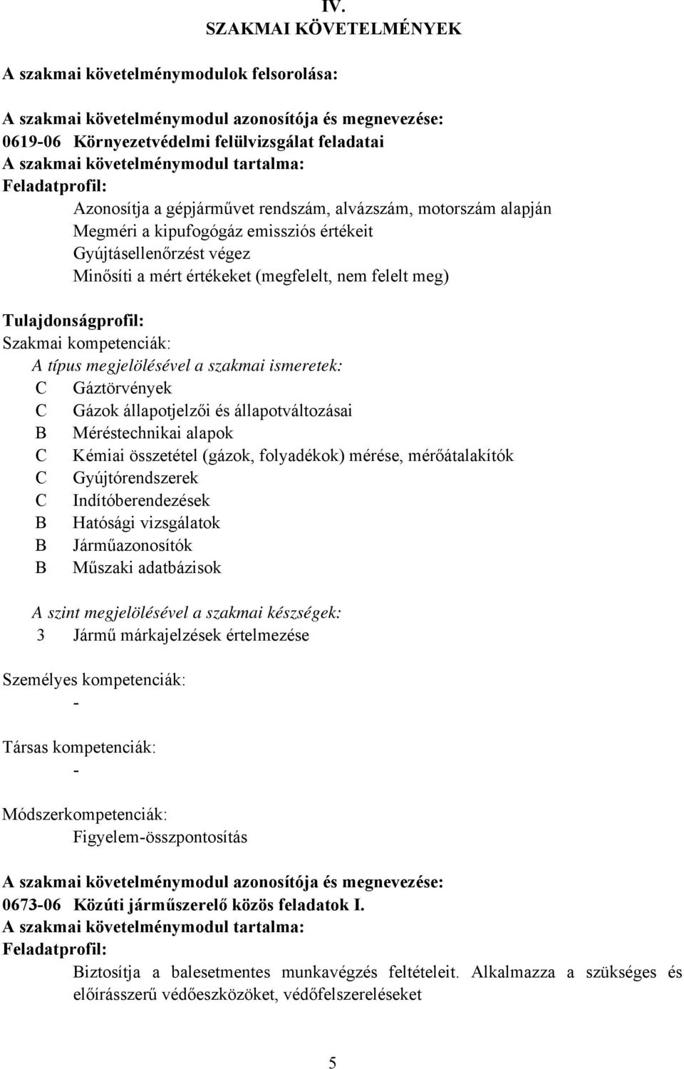 Tulajdonságprofil: Szakmai kompetenciák: A típus megjelölésével a szakmai ismeretek: C Gáztörvények C Gázok állapotjelzői és állapotváltozásai Méréstechnikai alapok C Kémiai összetétel (gázok,