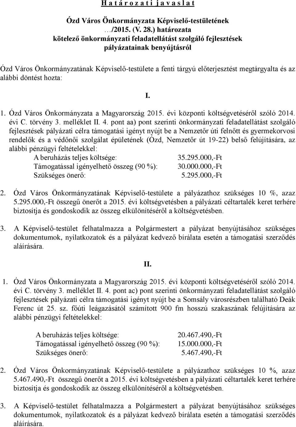 alábbi döntést hozta: I. 1. Ózd Város Önkormányzata a Magyarország 2015. évi központi költségvetéséről szóló 2014. évi C. törvény 3. melléklet II. 4.