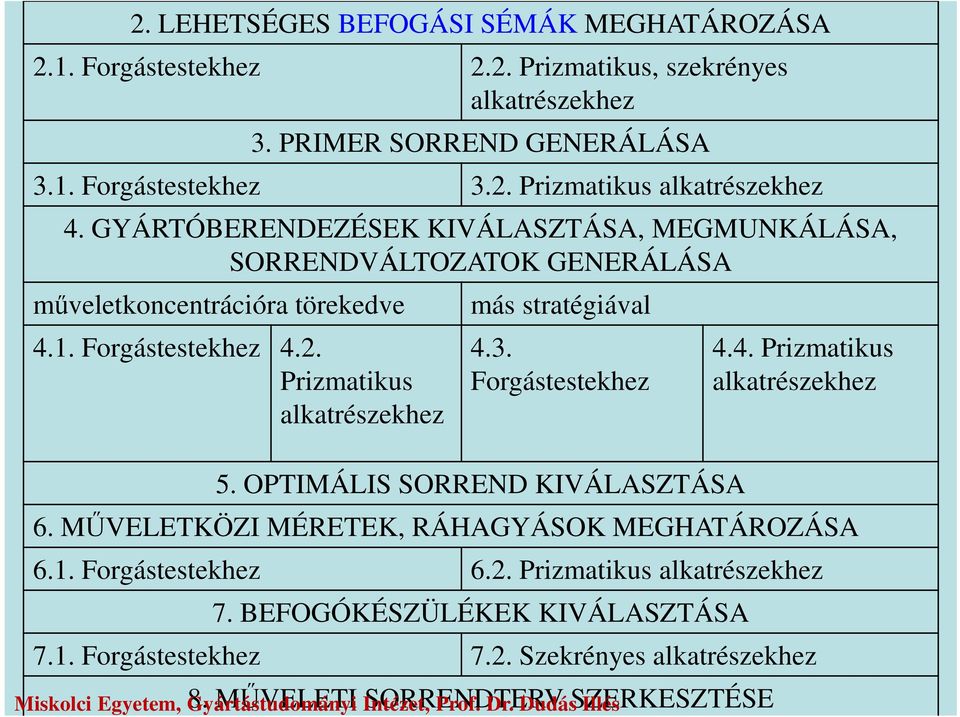 Prizmatikus alkatrészekhez más stratégiával 4.3. Forgástestekhez 5. OPTIMÁLIS SORREND KIVÁLASZTÁSA 4.4. Prizmatikus alkatrészekhez 6.