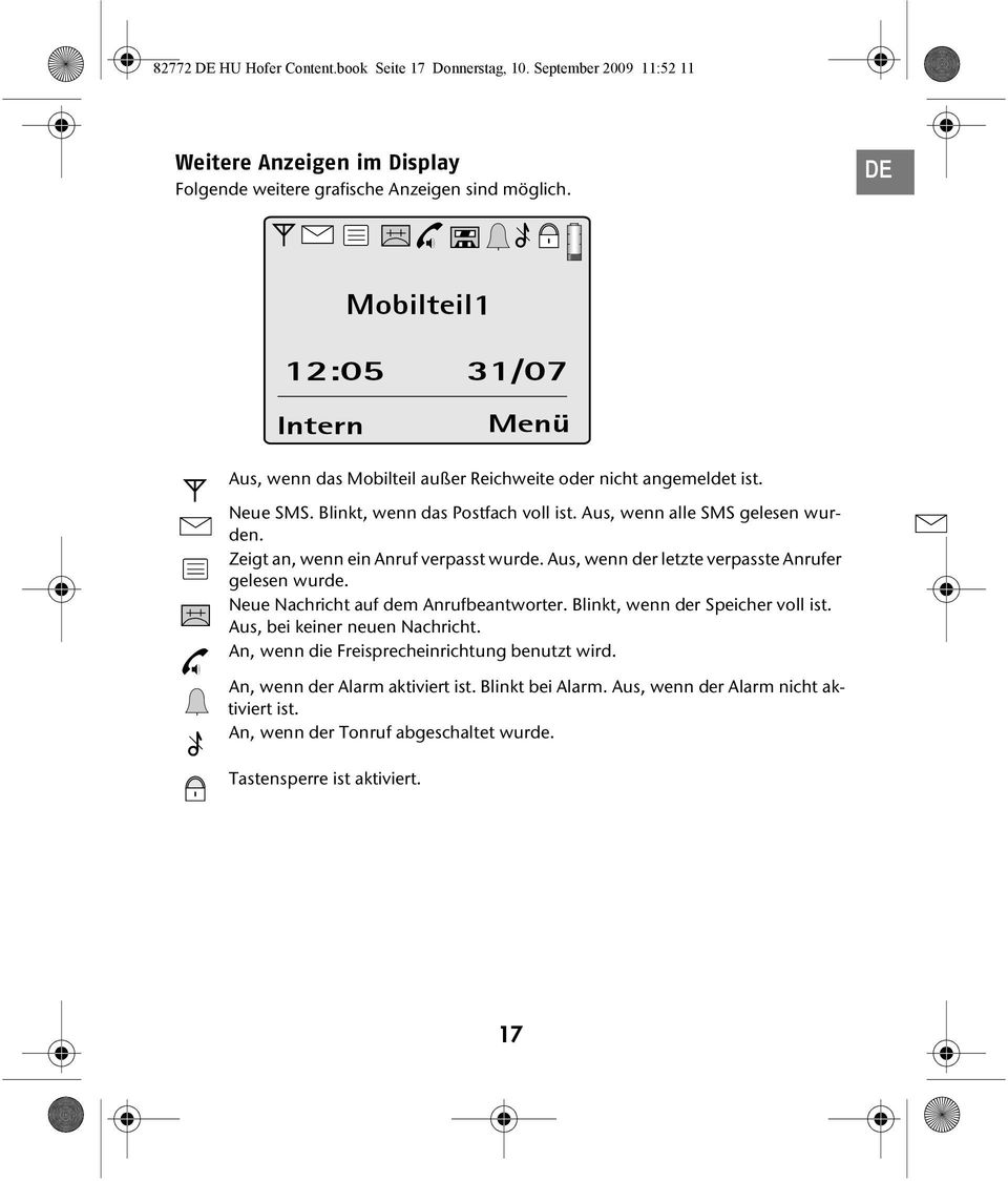 Zeigt an, wenn ein Anruf verpasst wurde. Aus, wenn der letzte verpasste Anrufer gelesen wurde. Neue Nachricht auf dem Anrufbeantworter. Blinkt, wenn der Speicher voll ist.