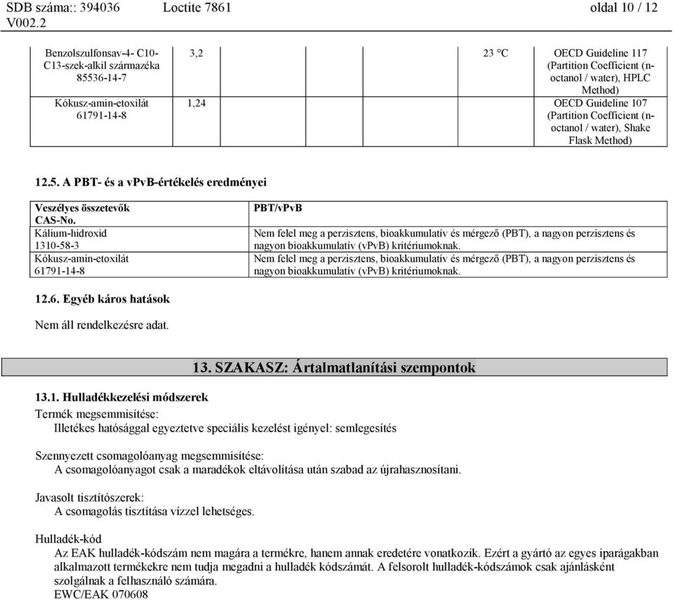 Nem felel meg a perzisztens, bioakkumulatív és mérgező (PBT), a nagyon perzisztens és nagyon bioakkumulatív (vpvb) kritériumoknak. 12.6. Egyéb káros hatások Nem áll rendelkezésre adat. 13.