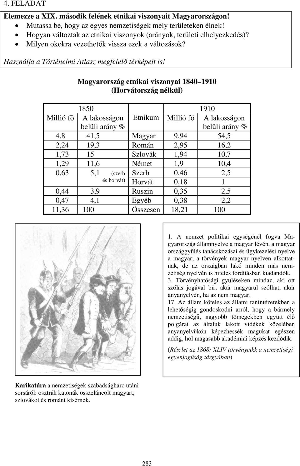 Magyarország etnikai viszonyai 1840 1910 (Horvátország nélkül) 1850 1910 Millió fő A lakosságon belüli arány % Etnikum Millió fő A lakosságon belüli arány % 4,8 41,5 Magyar 9,94 54,5 2,24 19,3 Román