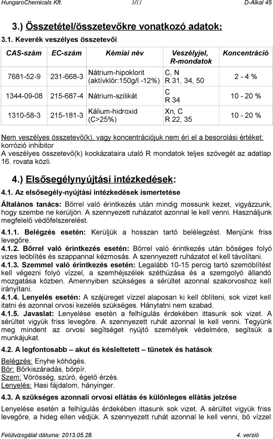 Keverék veszélyes összetevői CAS-szám EC-szám Kémiai név Veszélyjel, R-mondatok 7681-52-9 231-668-3 Nátrium-hipoklorit (aktívklór:150g/l -12%) 1344-09-08 215-687-4 Nátrium-szilikát 1310-58-3