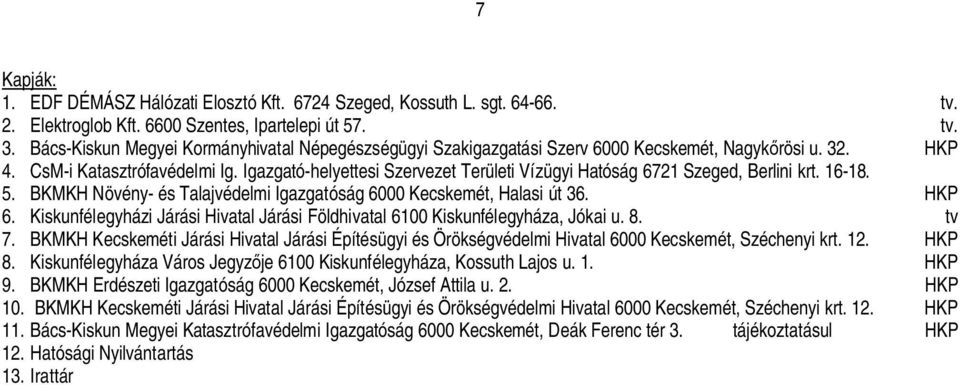 Igazgató-helyettesi Szervezet Területi Vízügyi Hatóság 6721 Szeged, Berlini krt. 16-18. 5. BKMKH Növény- és Talajvédelmi Igazgatóság 6000 Kecskemét, Halasi út 36. HKP 6.