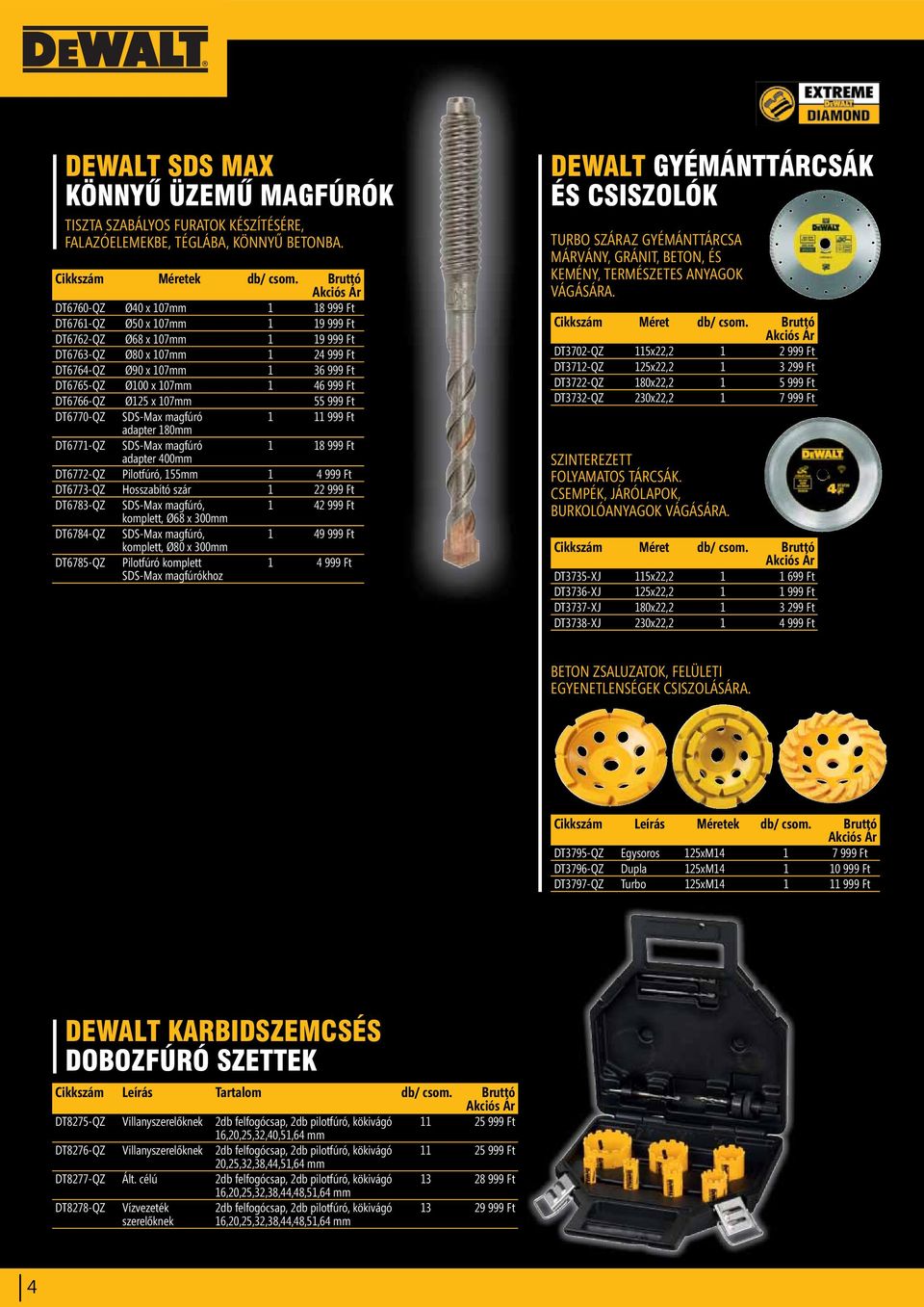 DT6765-QZ Ø100 x 107mm 1 46 999 Ft DT6766-QZ Ø125 x 107mm 55 999 Ft DT6770-QZ SDS-Max magfúró 1 11 999 Ft adapter 180mm DT6771-QZ SDS-Max magfúró 1 18 999 Ft adapter 400mm DT6772-QZ Pilotfúró, 155mm