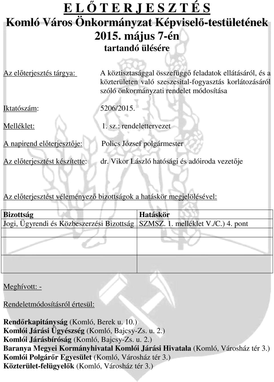 módosítása Iktatószám: 5206/2015. Melléklet: A napirend előterjesztője: Az előterjesztést készítette: 1. sz.: rendelettervezet Polics József polgármester dr.