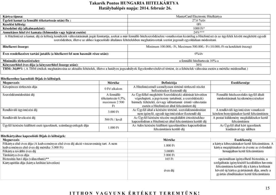 (felmondás vagy lejárat esetén) 24%*** A Hitelintézet a kamat, díj és költség kondíciók változtatásának jogát fenntartja, azokat a már fennálló hitelszerződésekre vonatkozóan kizárólag a Hitelintézet