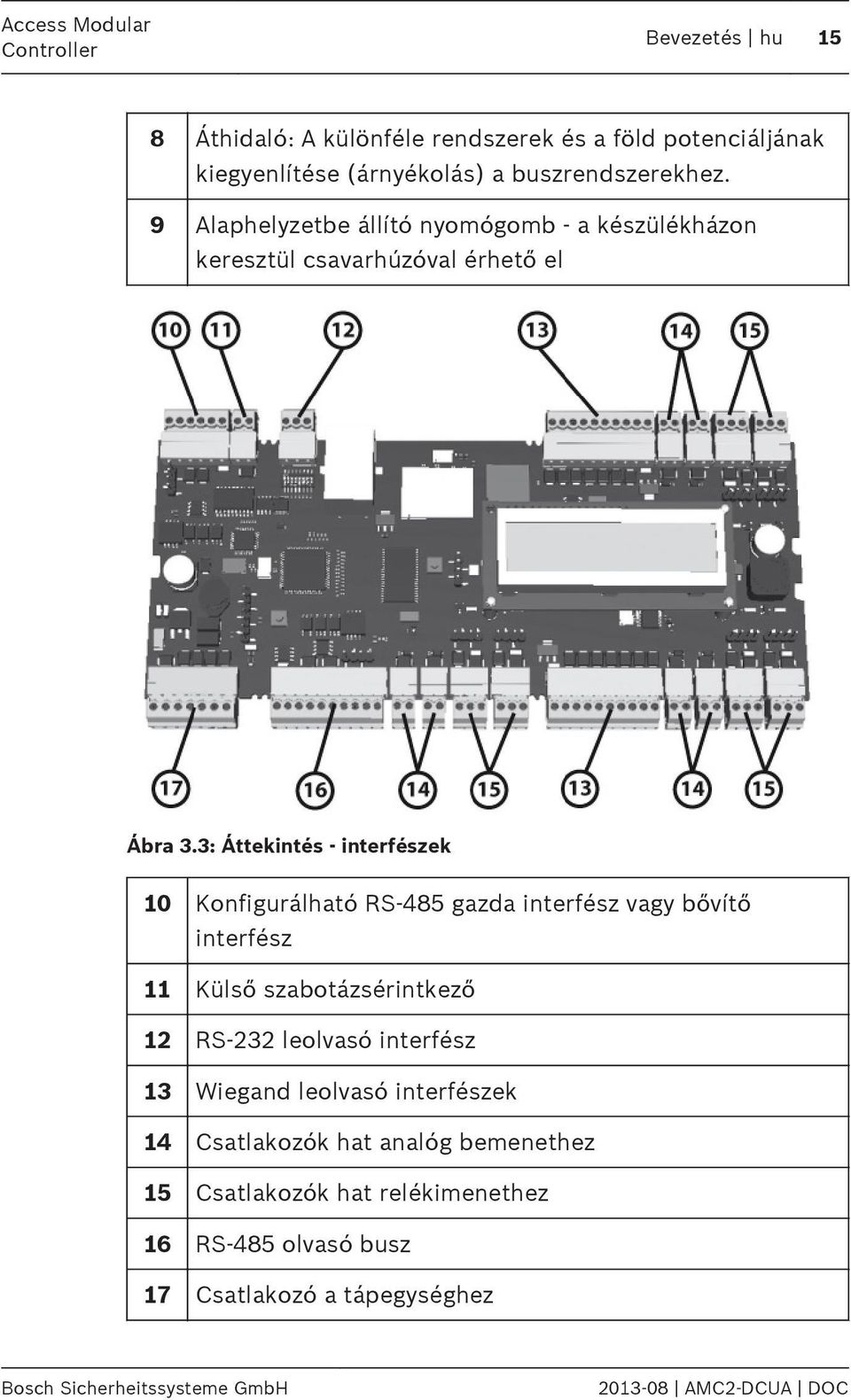 3: Áttekintés - interfészek 10 Konfigurálható RS-485 gazda interfész vagy bővítő interfész 11 Külső szabotázsérintkező 12 RS-232 leolvasó