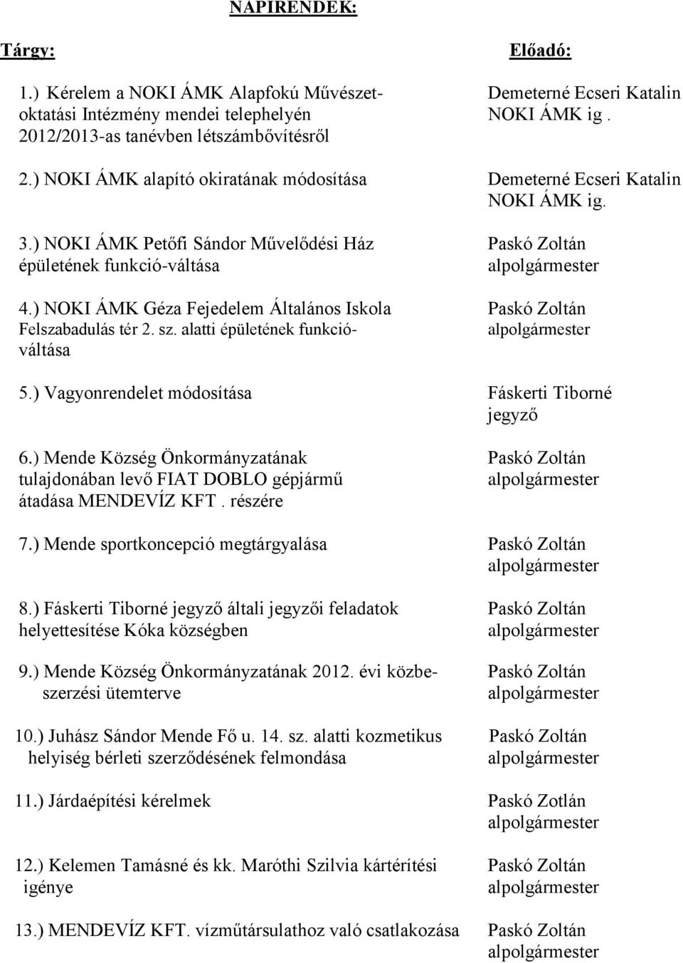 ) NOKI ÁMK Géza Fejedelem Általános Iskola Paskó Zoltán Felszabadulás tér 2. sz. alatti épületének funkció- váltása 5.) Vagyonrendelet módosítása Fáskerti Tiborné jegyző 6.