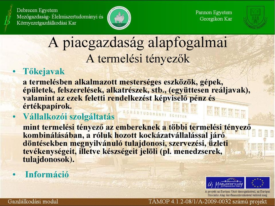 Vállalkozói szolgáltatás mint termelési tényező az embereknek a többi termelési tényező kombinálásában, a róluk hozott