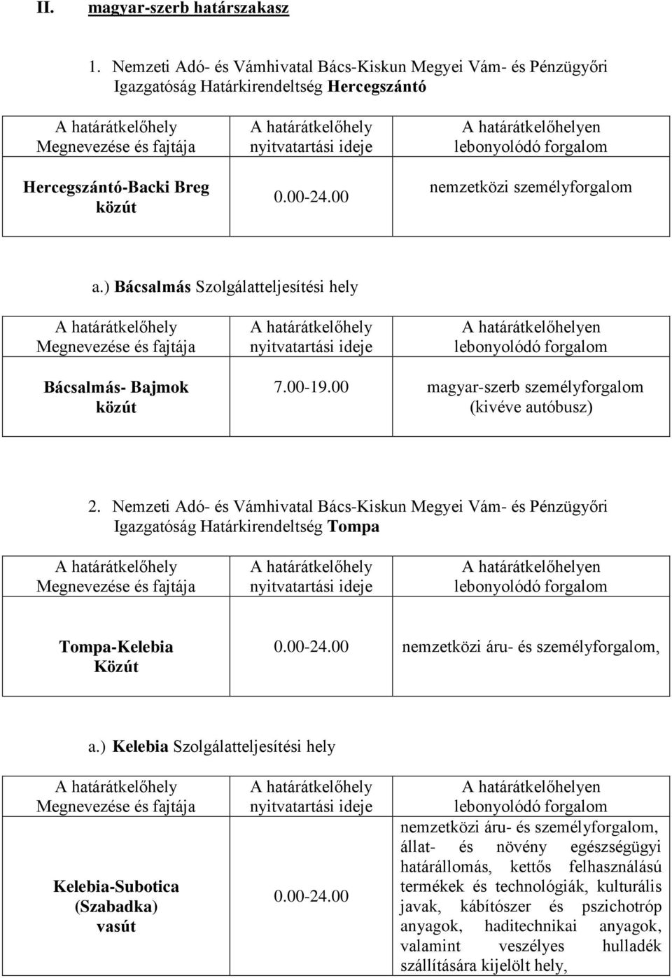 ) Bácsalmás Szolgálatteljesítési hely en Bácsalmás- Bajmok 7.00-19.00 magyar-szerb személyforgalom (kivéve autóbusz) 2.