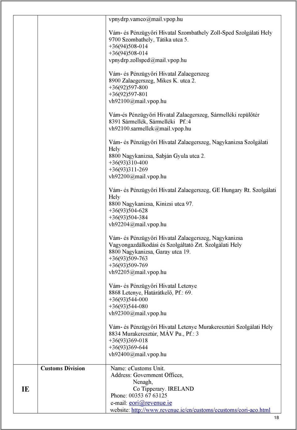:4 vh92100.sarmellek@mail.vpop.hu Vám- és Pénzügyőri Hivatal Zalaegerszeg, Nagykanizsa Szolgálati Hely 8800 Nagykanizsa, Sabján Gyula utca 2. +36(93)310-400 +36(93)311-269 vh92200@mail.vpop.hu Vám- és Pénzügyőri Hivatal Zalaegerszeg, GE Hungary Rt.