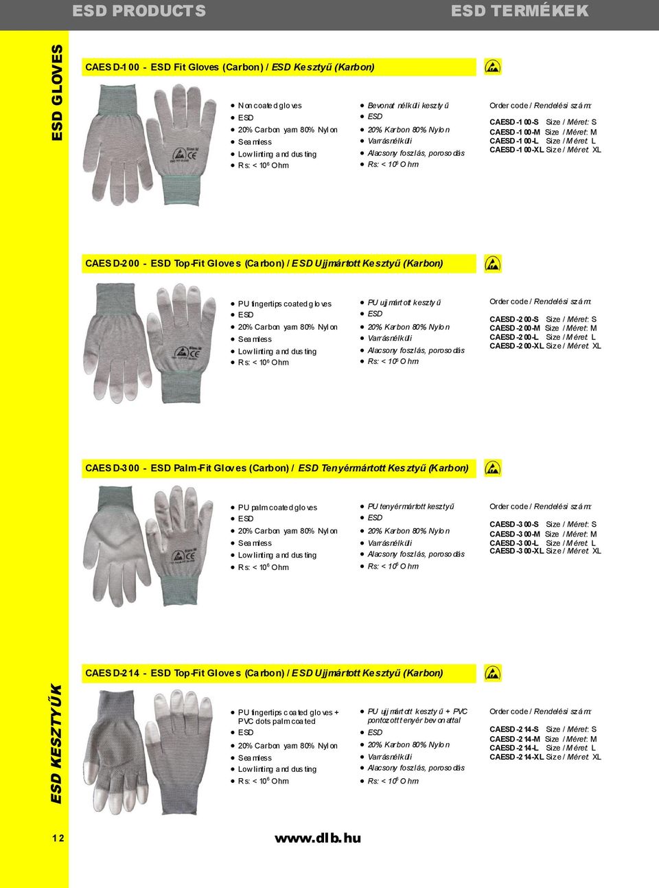 Méret: M CAESD -1 00-L Size / M éret: L CAESD -1 00-XL Size / Méret: XL CAES D-2 00 - ESD Top-Fit Glove s (Ca rbon) / E SD Ujjmártott Ke sztyű (Karbon) PU fingertips coated g lo ves ESD 20% Carbon