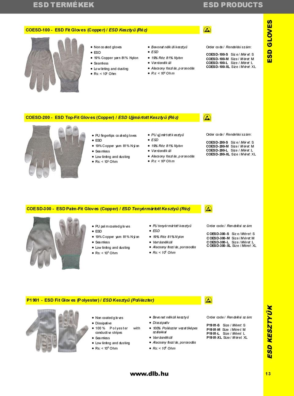 Size / Méret : L COESD-100-XL Size / M éret: XL ESD GLOVES COESD-200 - ESD Top-Fit Glov es (Copper) / ESD Ujjmá rtott Keszty ű (Ré z) PU fingertips co at ed g loves ESD 19% C opper yarn 81% N yl on