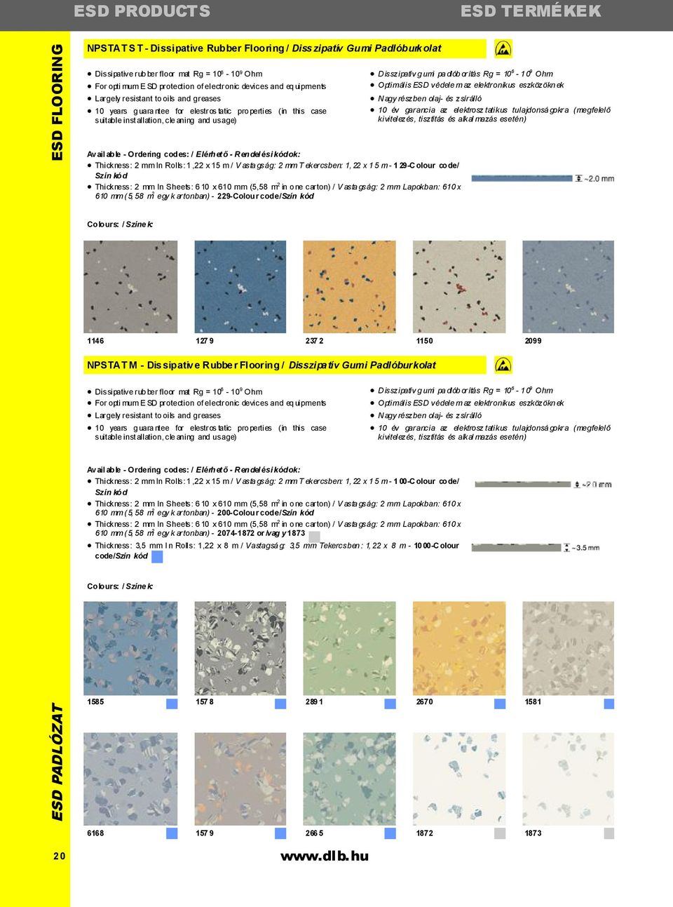 Ordering codes: / Elérhető - R endel ési kódok: Thickness: 2 mm In Rolls: 1,22 x 15 m / V asta gság: 2 mm T ekercsben: 1, 22 x 1 5 m - 1 29-C olour code/ Szín kód Thickness: 2 mm In Sheets: 6 10 x