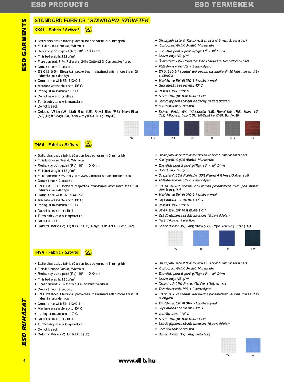 erties maintained a fter more t ha n 50 industrial la un derings Compliance wit h EN 61340-5-1 Machine washable up to 40 o C Ironing at m aximum 11 0 o C Do not us e acid or alkali Tumbl e dry at lo