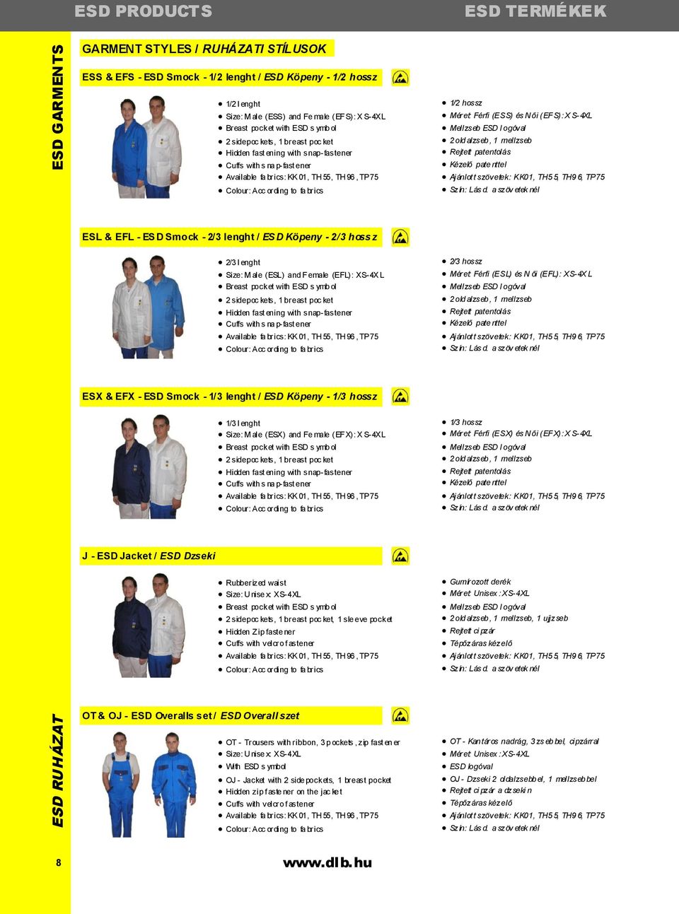 1/2 hossz Méret: Férfi (ESS) és N ői (EFS): X S-4XL Mellzseb ESD l ogóval 2 old alzseb, 1 mellzseb Rejtett patentolás Kézelő pate nttel Ajánlot t szövetek: KK01, TH5 5, TH9 6, TP75 Szín: Lás d.