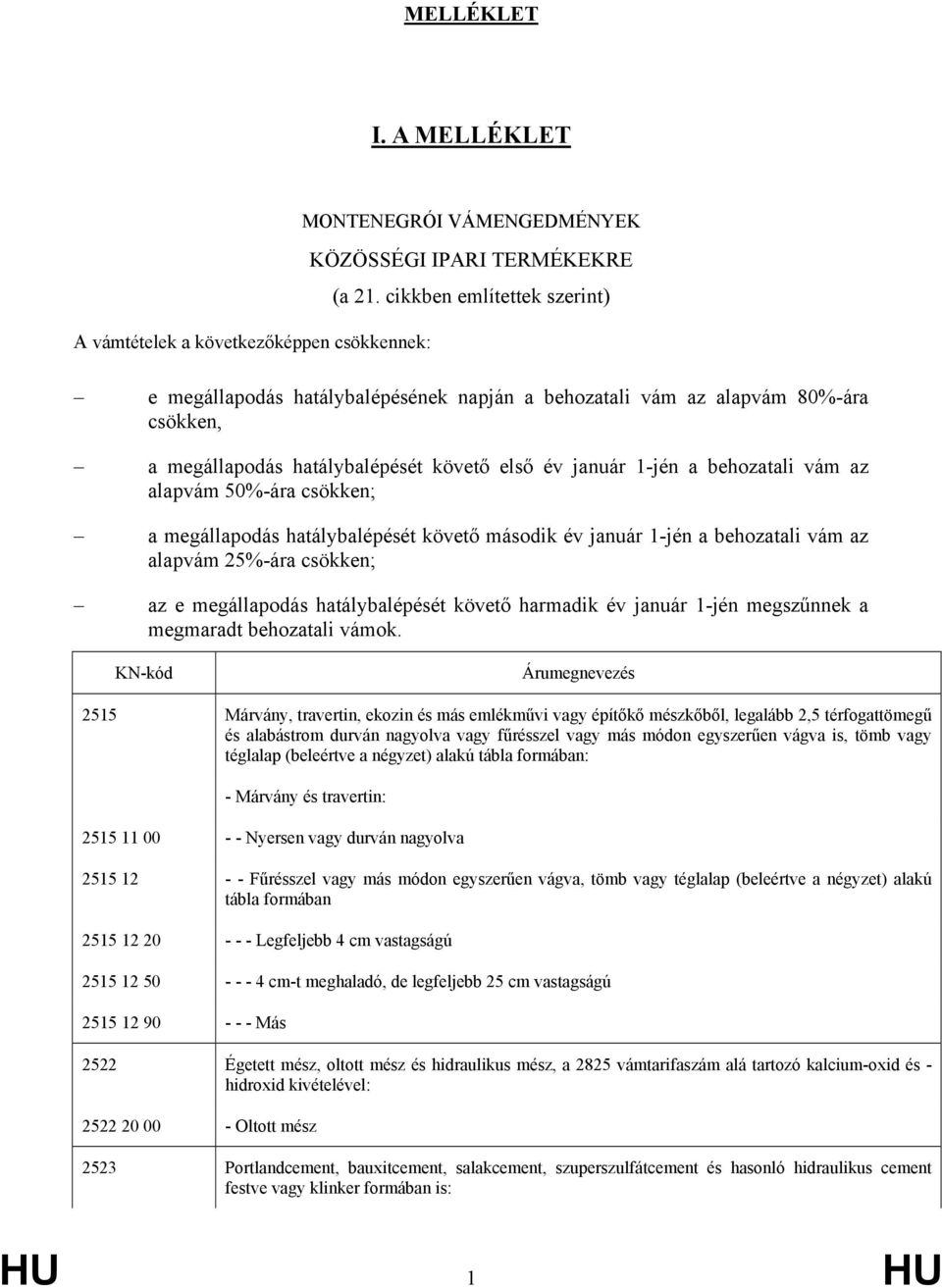 év január 1-jén a behozatali vám az alapvám 50%-ára csökken; a megállapodás hatálybalépését követő második év január 1-jén a behozatali vám az alapvám 25%-ára csökken; az e megállapodás