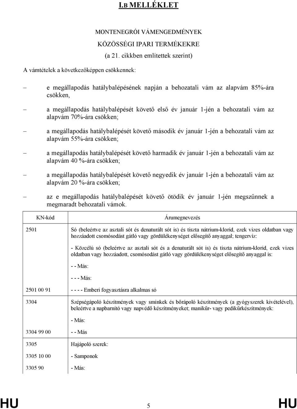 év január 1-jén a behozatali vám az alapvám 70%-ára csökken; a megállapodás hatálybalépését követő második év január 1-jén a behozatali vám az alapvám 55%-ára csökken; a megállapodás hatálybalépését
