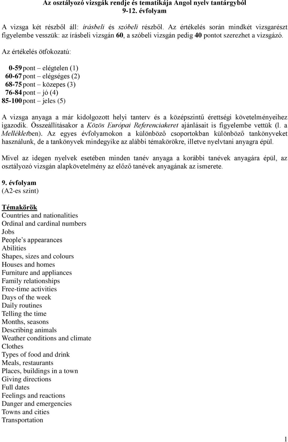 Az értékelés ötfokozatú: 0-59 pont elégtelen (1) 60-67 pont elégséges (2) 68-75 pont közepes (3) 76-84 pont jó (4) 85-100 pont jeles (5) A vizsga anyaga a már kidolgozott helyi tanterv és a