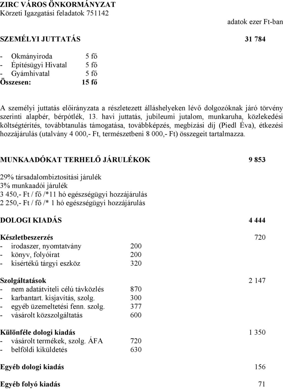 havi juttatás, jubileumi jutalom, munkaruha, közlekedési költségtérítés, továbbtanulás támogatása, továbbképzés, megbízási díj (Piedl Éva), étkezési hozzájárulás (utalvány 4 000,- Ft, természetbeni 8