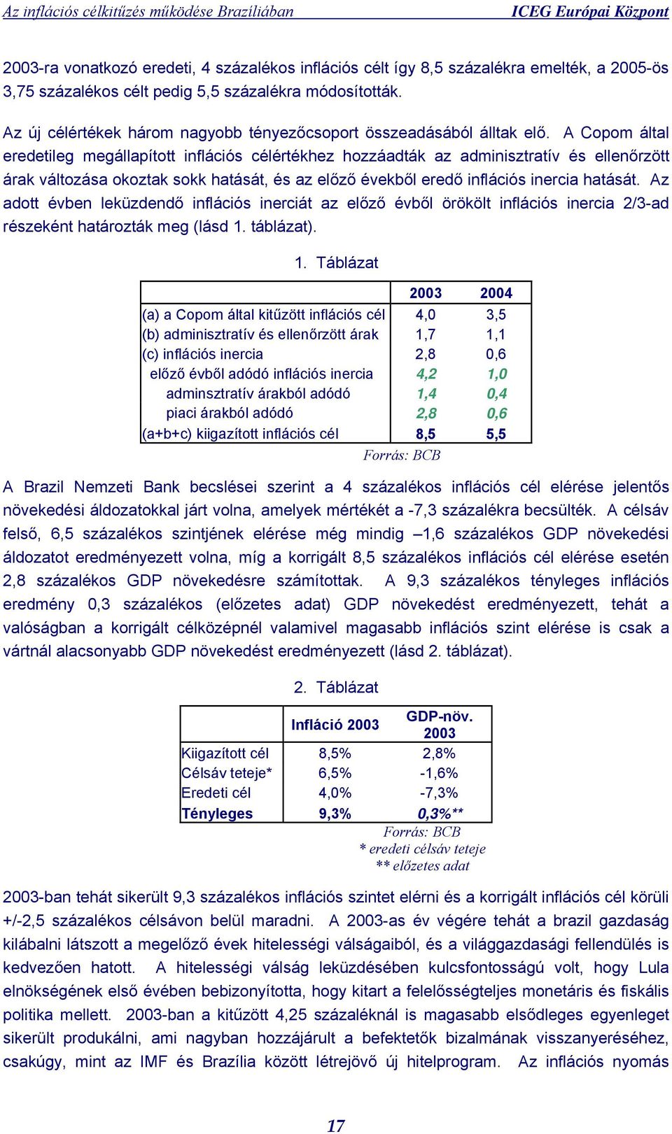 A Copom által eredetileg megállapított inflációs célértékhez hozzáadták az adminisztratív és ellenőrzött árak változása okoztak sokk hatását, és az előző évekből eredő inflációs inercia hatását.