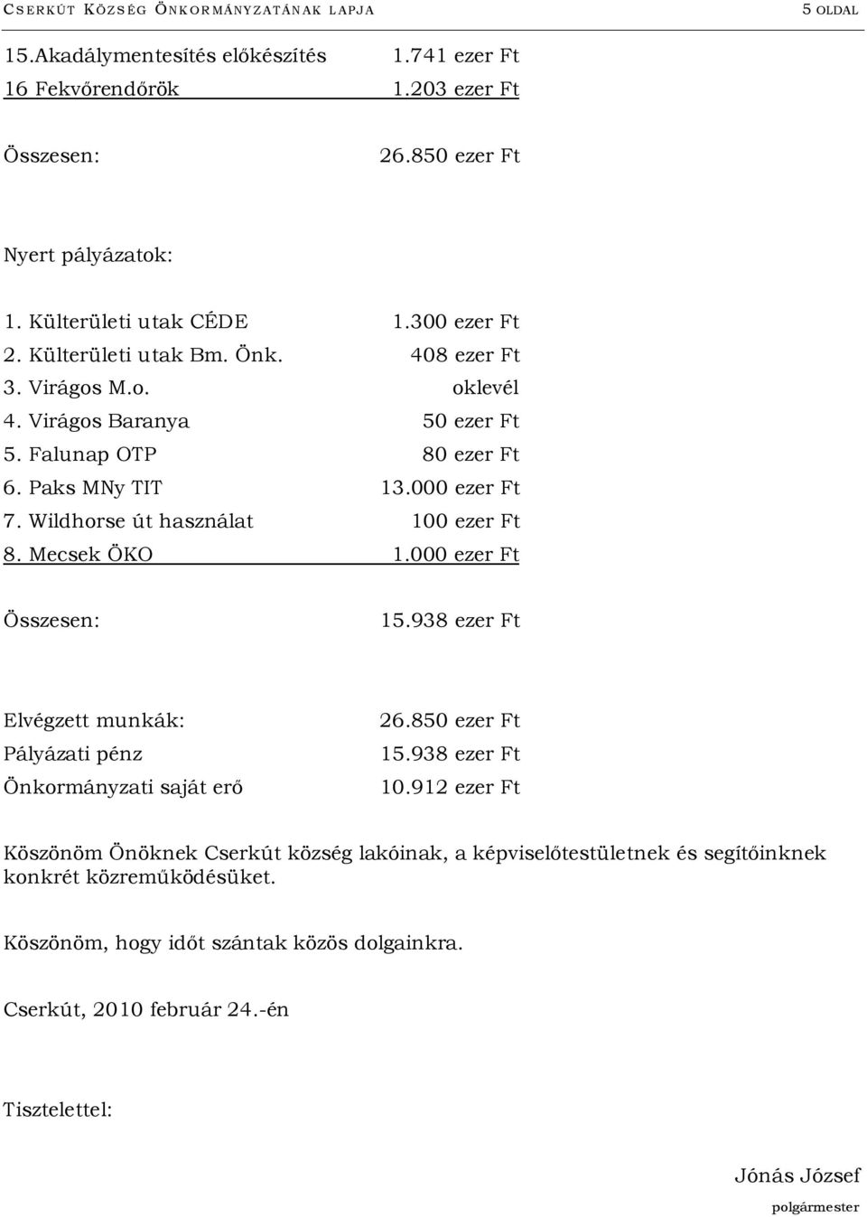 Wildhorse út használat 100 ezer Ft 8. Mecsek ÖKO 1.000 ezer Ft Összesen: 15.938 ezer Ft Elvégzett munkák: Pályázati pénz Önkormányzati saját erő 26.850 ezer Ft 15.938 ezer Ft 10.