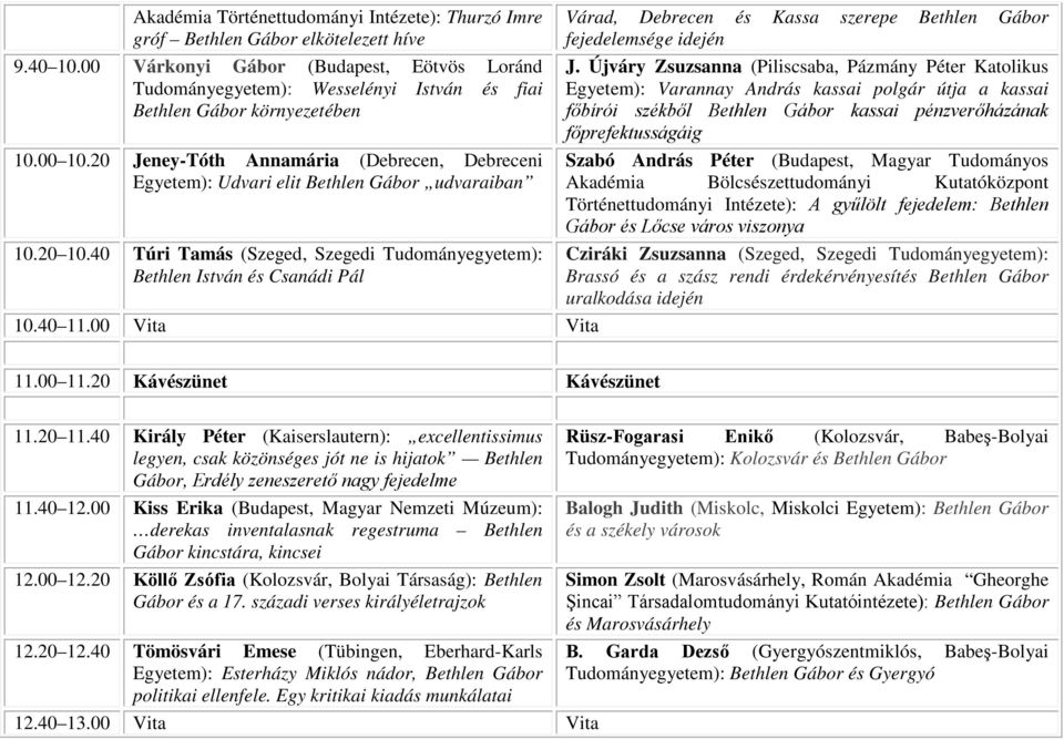 20 Jeney-Tóth Annamária (Debrecen, Debreceni Egyetem): Udvari elit Bethlen Gábor udvaraiban 10.20 10.40 Túri Tamás (Szeged, Szegedi Tudományegyetem): Bethlen István és Csanádi Pál 10.40 11.