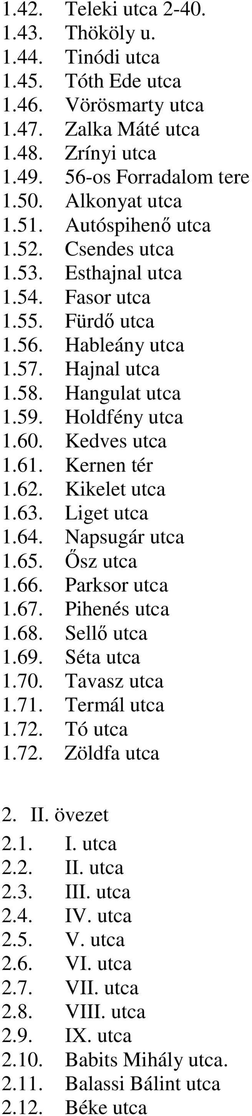 Kernen tér 1.62. Kikelet utca 1.63. Liget utca 1.64. Napsugár utca 1.65. Ősz utca 1.66. Parksor utca 1.67. Pihenés utca 1.68. Sellő utca 1.69. Séta utca 1.70. Tavasz utca 1.71. Termál utca 1.72.