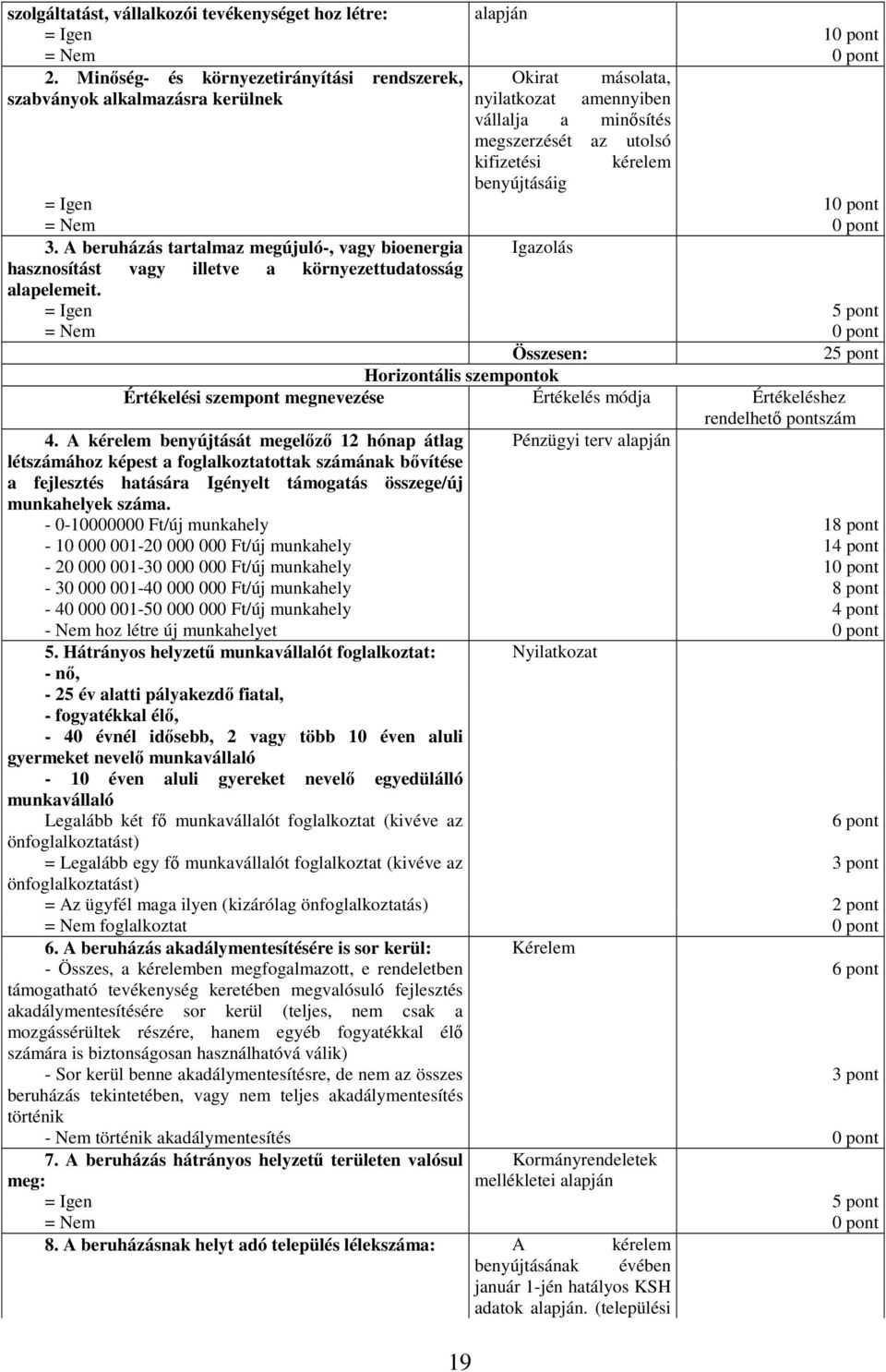 A beruházás tartalmaz megújuló-, vagy bioenergia Igazolás hasznosítást vagy illetve a környezettudatosság alapelemeit. 25 pont Horizontális szempontok 4.