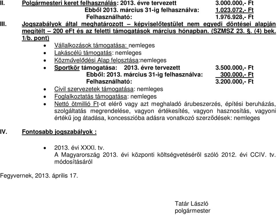 pont) Vállalkozások támogatása: nemleges Lakáscélú támogatás: nemleges Közművelődési Alap felosztása:nemleges Sportkör támogatása: 2013. évre tervezett 3.500.000,- Ft Ebből: 2013.