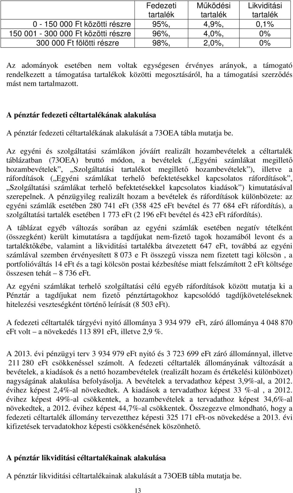 A pénztár fedezeti céltartalékának alakulása A pénztár fedezeti céltartalékának alakulását a 73OEA tábla mutatja be.