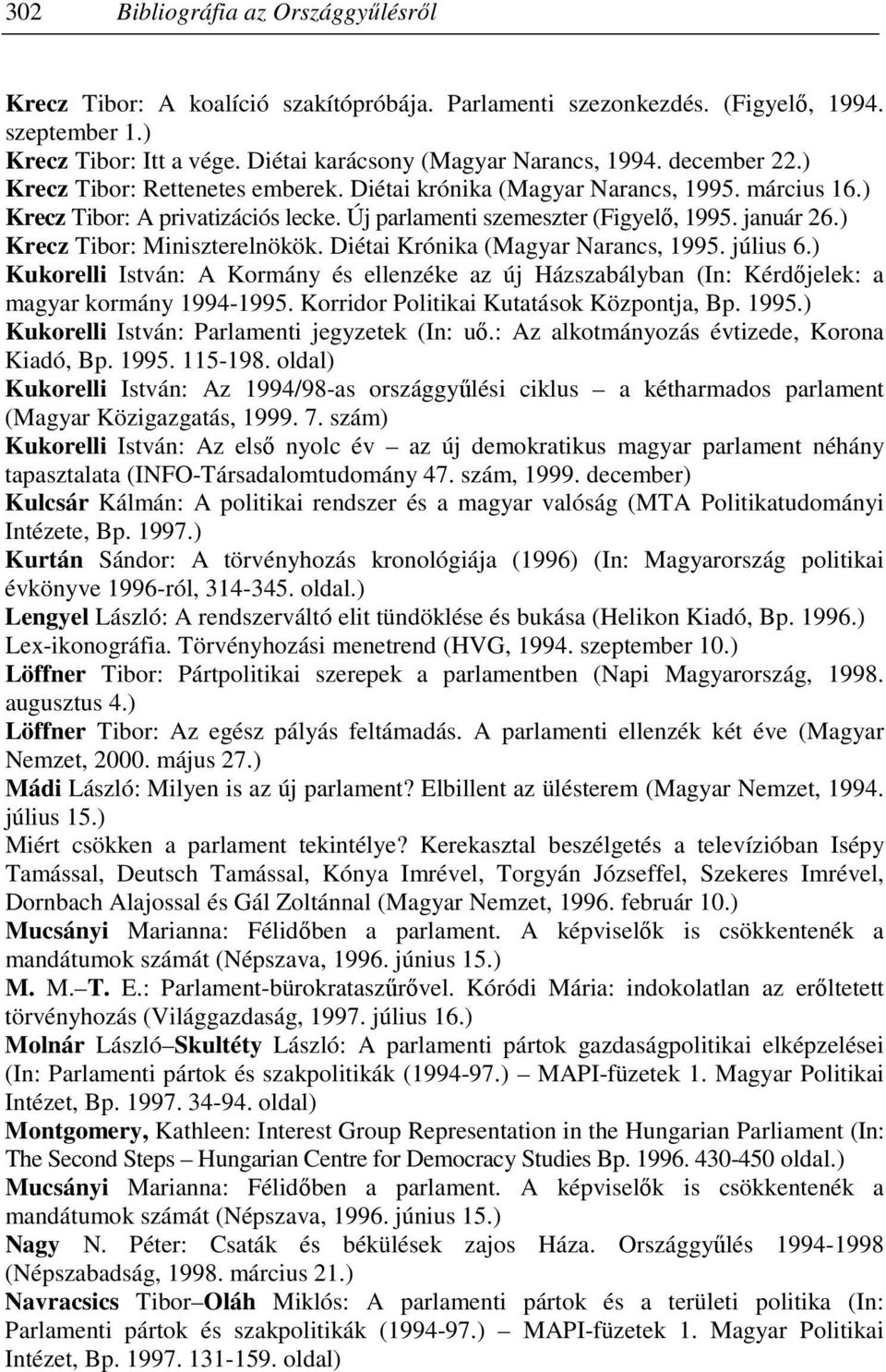 ) Krecz Tibor: Miniszterelnökök. Diétai Krónika (Magyar Narancs, 1995. július 6.) Kukorelli István: A Kormány és ellenzéke az új Házszabályban (In: Kérdıjelek: a magyar kormány 1994-1995.