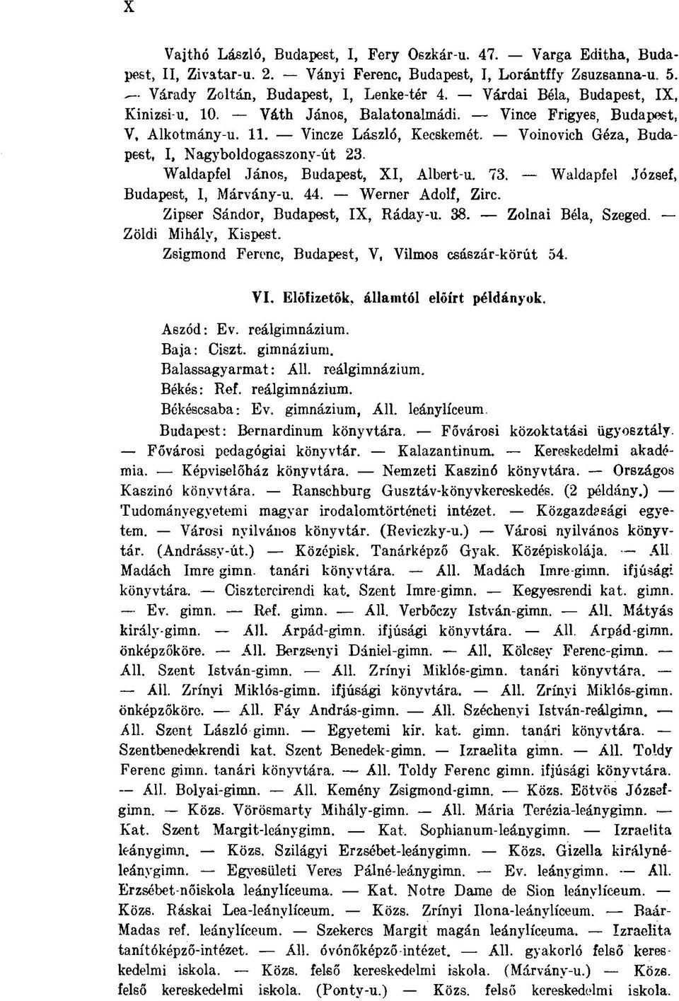Waldapfel János, Budapest, XI, Albert-u. 73. Waldapfel József, Budapest, I, Márvány-u. 44. Werner Adolf, Zirc. Zipßer Sándor, Budapest, IX, Ráday-u. 38. Zolnai Béla, Szeged. Zöldi Mihály, Kispest.