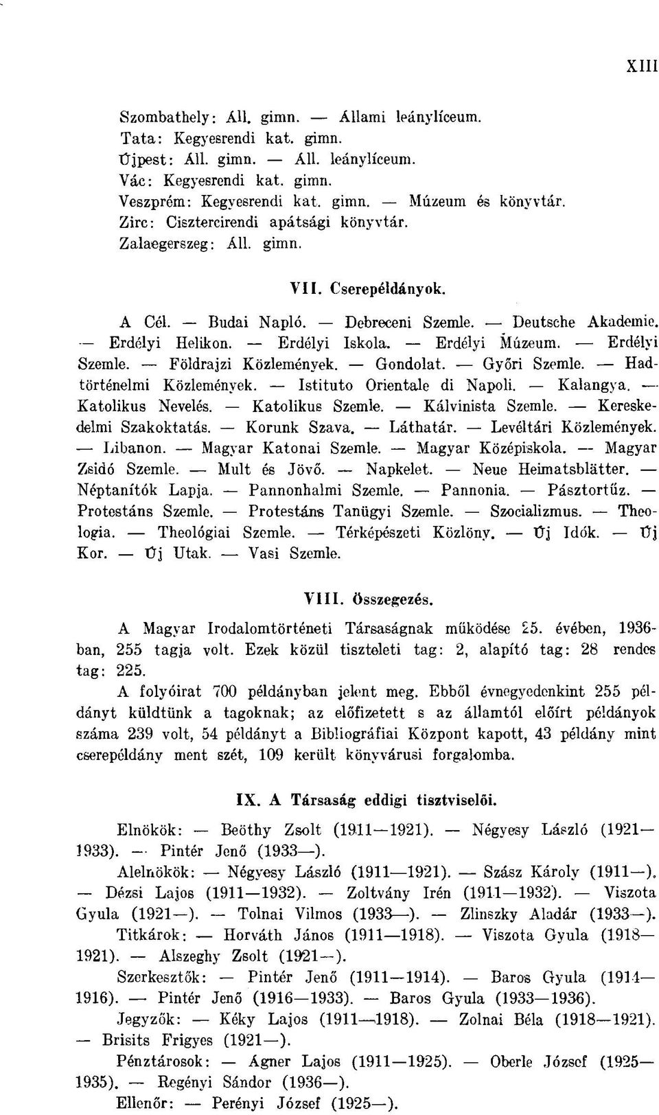 Erdélyi Szemle. Földrajzi Közlemények. Gondolat. Győri Szemle. Hadtörténelmi Közlemények. Istituto Orientale di Napoli. Kalangya. Katolikus Nevelés. Katolikus Szemle. Kálvinista Szemle.