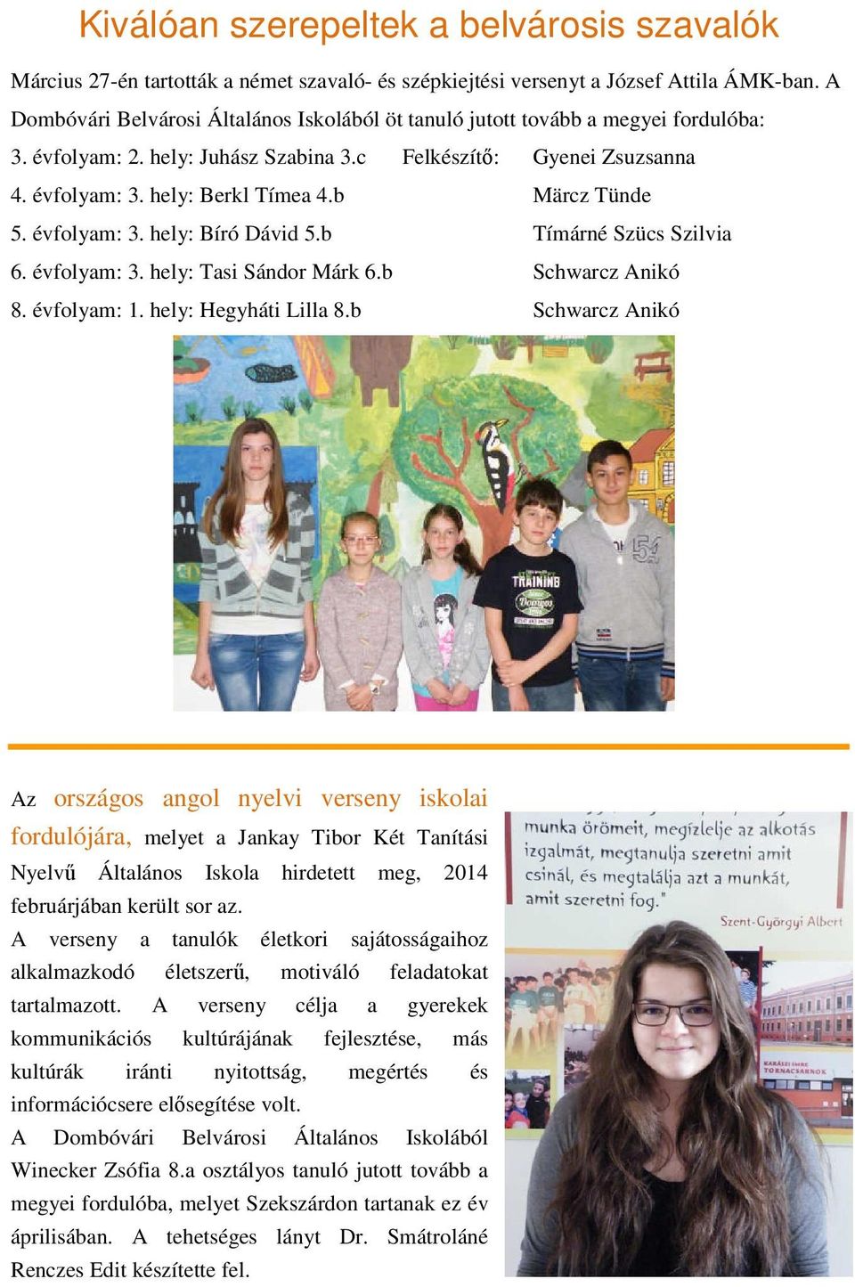 b Märcz Tünde 5. évfolyam: 3. hely: Bíró Dávid 5.b Tímárné Szücs Szilvia 6. évfolyam: 3. hely: Tasi Sándor Márk 6.b Schwarcz Anikó 8. évfolyam: 1. hely: Hegyháti Lilla 8.