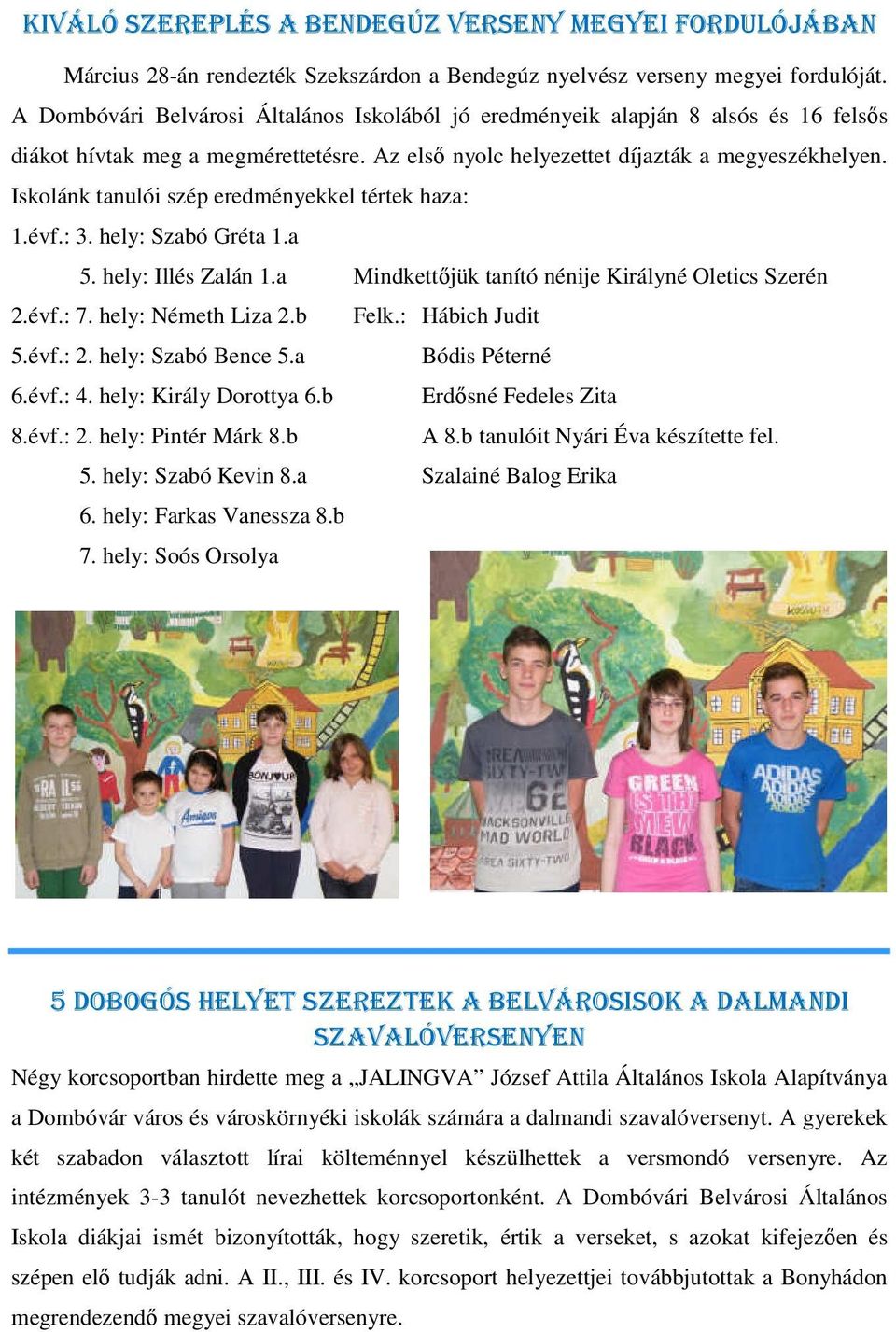 Iskolánk tanulói szép eredményekkel tértek haza: 1.évf.: 3. hely: Szabó Gréta 1.a 5. hely: Illés Zalán 1.a Mindkettőjük tanító nénije Királyné Oletics Szerén 2.évf.: 7. hely: Németh Liza 2.b Felk.