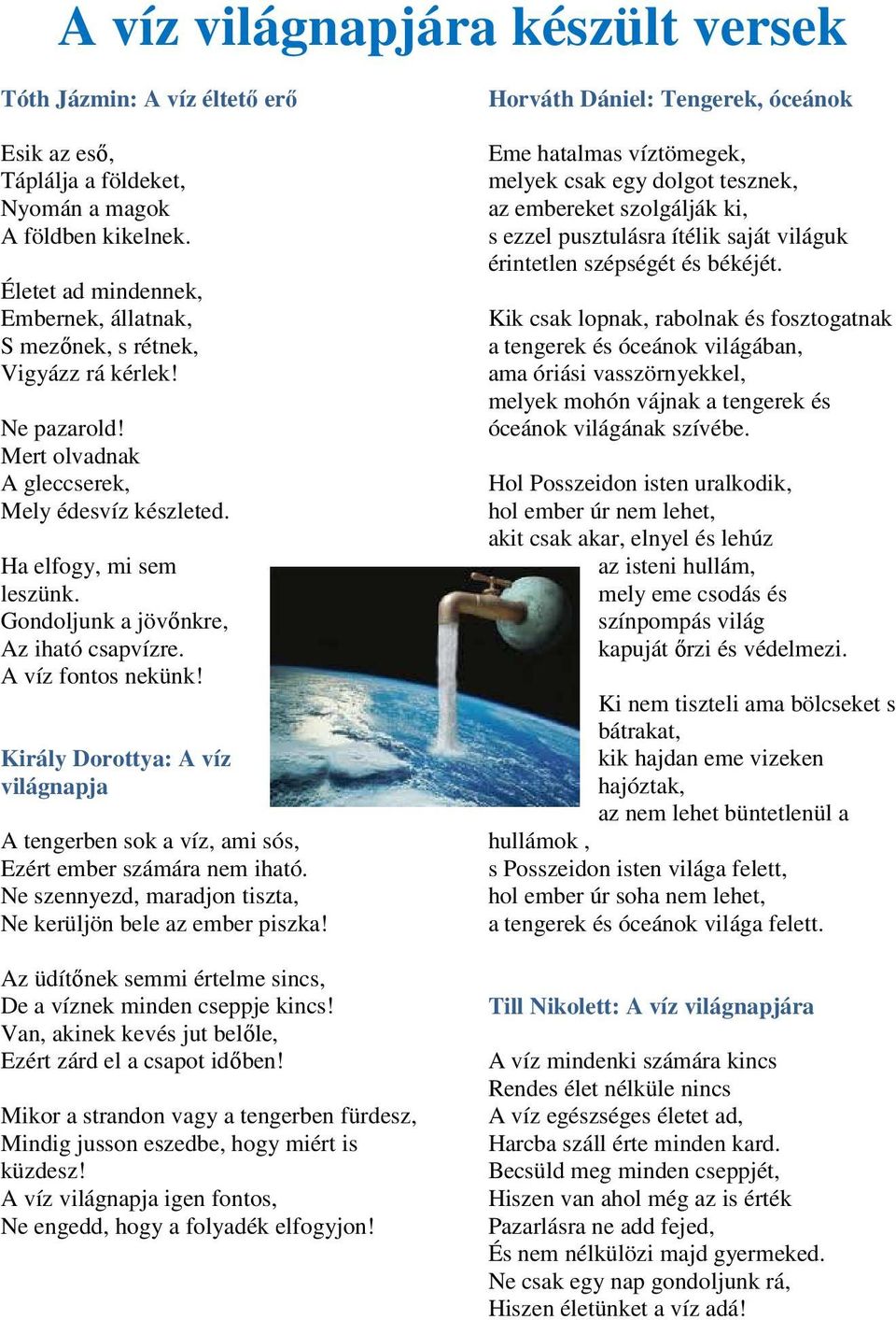 Gondoljunk a jövőnkre, Az iható csapvízre. A víz fontos nekünk! Király Dorottya: A víz világnapja A tengerben sok a víz, ami sós, Ezért ember számára nem iható.