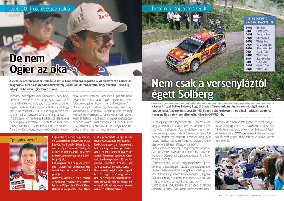 Többször pedzegette már Sébastien Loeb, hogy befejezi raliversenyzôi karrierjét. Sôt, olyan pletykák is lábra keltek, mely szerint ezt már az idei év végén megteszi.
