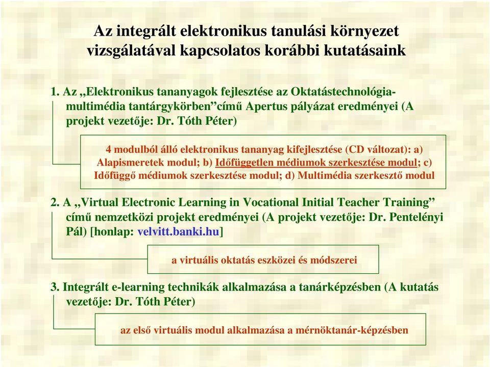 Tóth Péter) 4 modulból álló elektronikus tananyag kifejlesztése (CD változat): a) Alapismeretek modul; b) Időfüggetlen médiumok szerkesztése modul; c) Időfüggő médiumok szerkesztése modul; d)