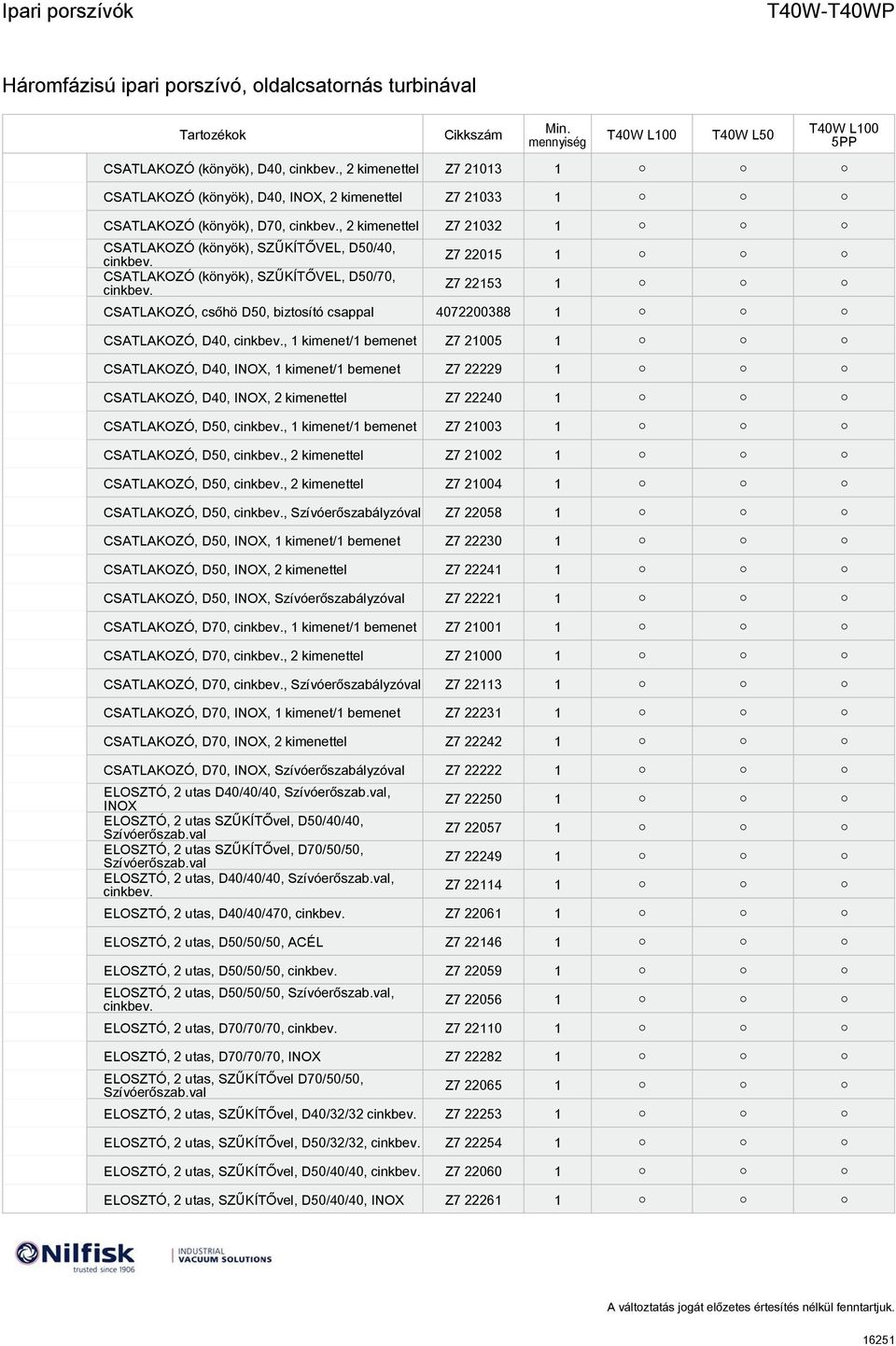 kimenet/1 bemenet Z7 22229 1 CSATLAKOZÓ, D40, INOX, 2 kimenettel Z7 22240 1 CSATLAKOZÓ, D50,, 1 kimenet/1 bemenet Z7 21003 1 CSATLAKOZÓ, D50,, 2 kimenettel Z7 21002 1 CSATLAKOZÓ, D50,, 2 kimenettel