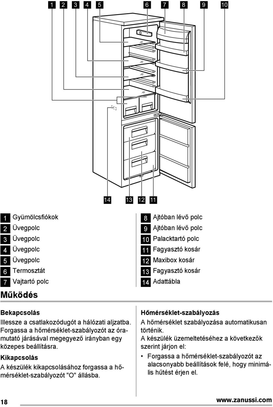 8 Ajtóban lév polc 9 Ajtóban lév polc 10 Palacktartó polc 11 Fagyasztó kosár 12 Maxibox kosár 13 Fagyasztó kosár 14 Adattábla Hőmérséklet-szabályozás A h mérséklet szabályozása