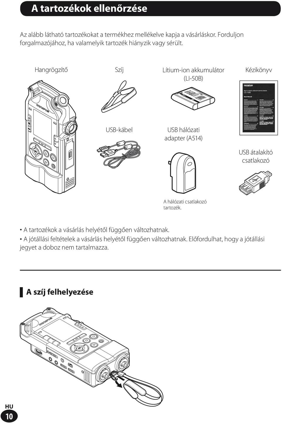 Hangrögzítő Szíj Lítium-ion akkumulátor (LI-50B) Kézikönyv USB-kábel USB hálózati adapter (A514) USB átalakító csatlakozó A hálózati