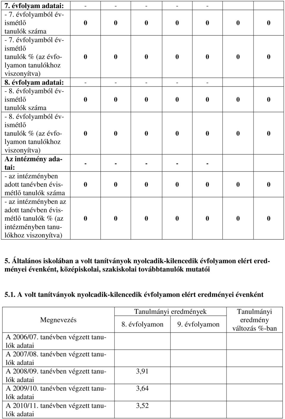 Általános iskolában a volt tanítványok nyolcadik-kilencedik folyamon elért eredményei enként, középiskolai, szakiskolai továbbtanulók mutatói 5.1.