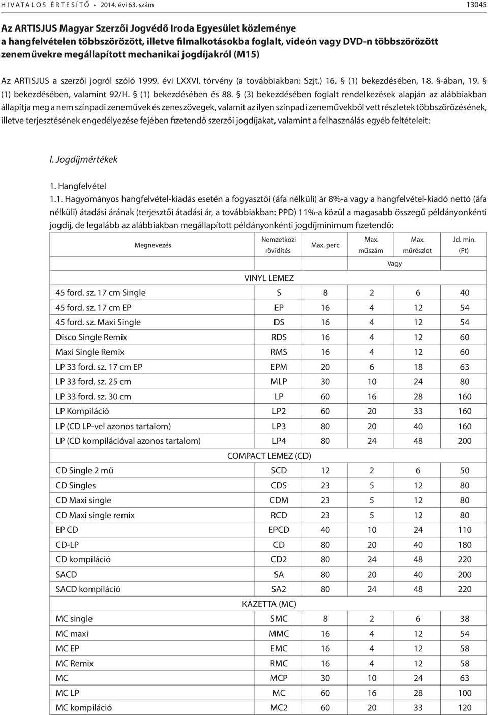 mechanikai jogdíjakról (M15) Az ARTISJUS a szerzői jogról szóló 1999. évi LXXVI. törvény (a továbbiakban: Szjt.) 16. (1) bekezdésében, 18. -ában, 19. (1) bekezdésében, valamint 92/H.