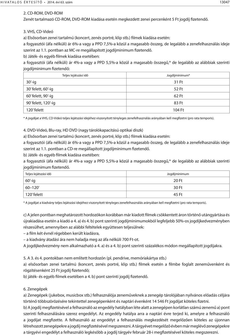 ) filmek kiadása esetén: a fogyasztói (áfa nélküli) ár 6%-a vagy a PPD 7,5%-a közül a magasabb összeg, de legalább a zenefelhasználás ideje szerint az 1.