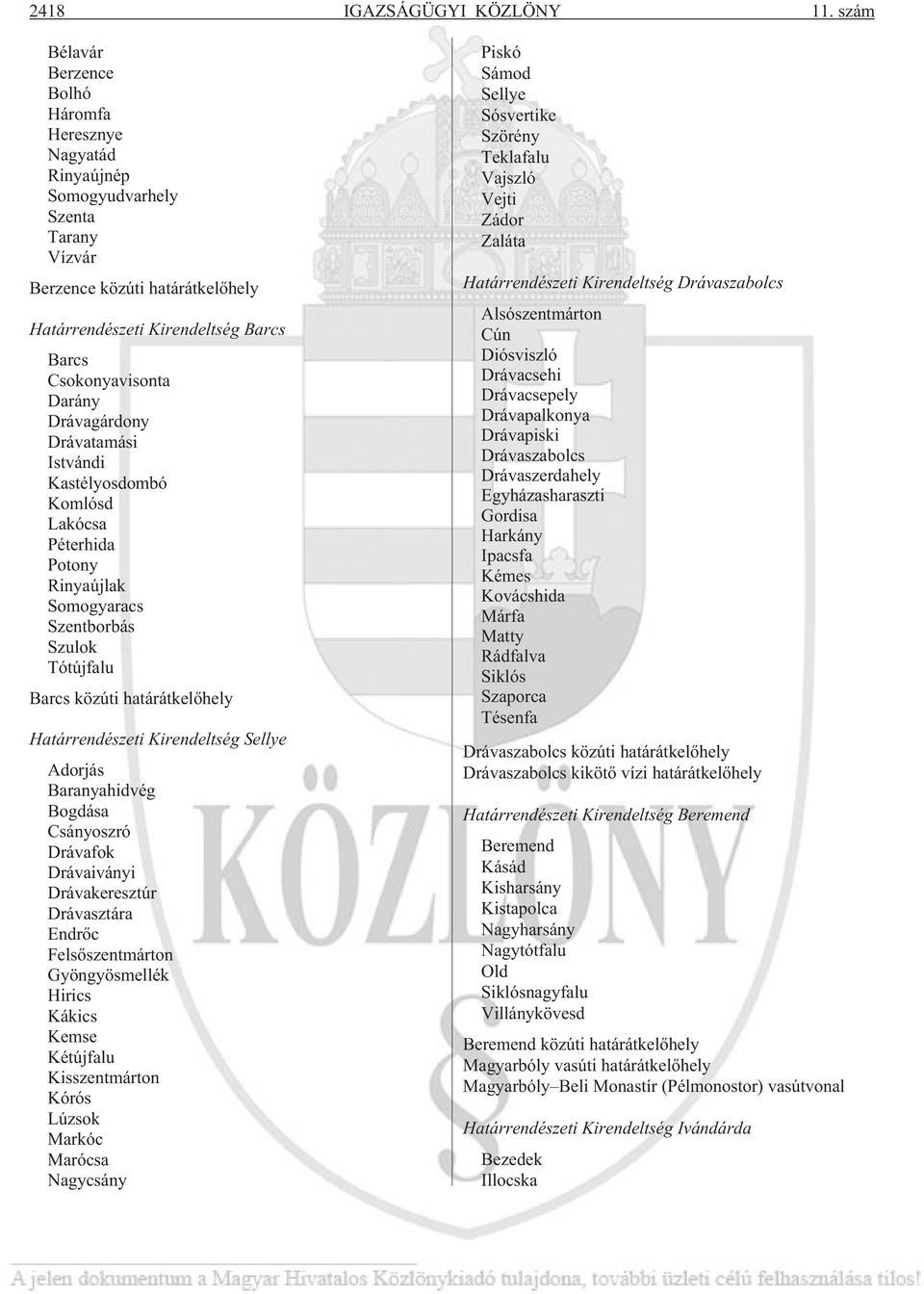 Drávagárdony Drávatamási Istvándi Kastélyosdombó Komlósd Lakócsa Péterhida Potony Rinyaújlak Somogyaracs Szentborbás Szulok Tótújfalu Barcs közúti határátkelõhely Határrendészeti Kirendeltség Sellye