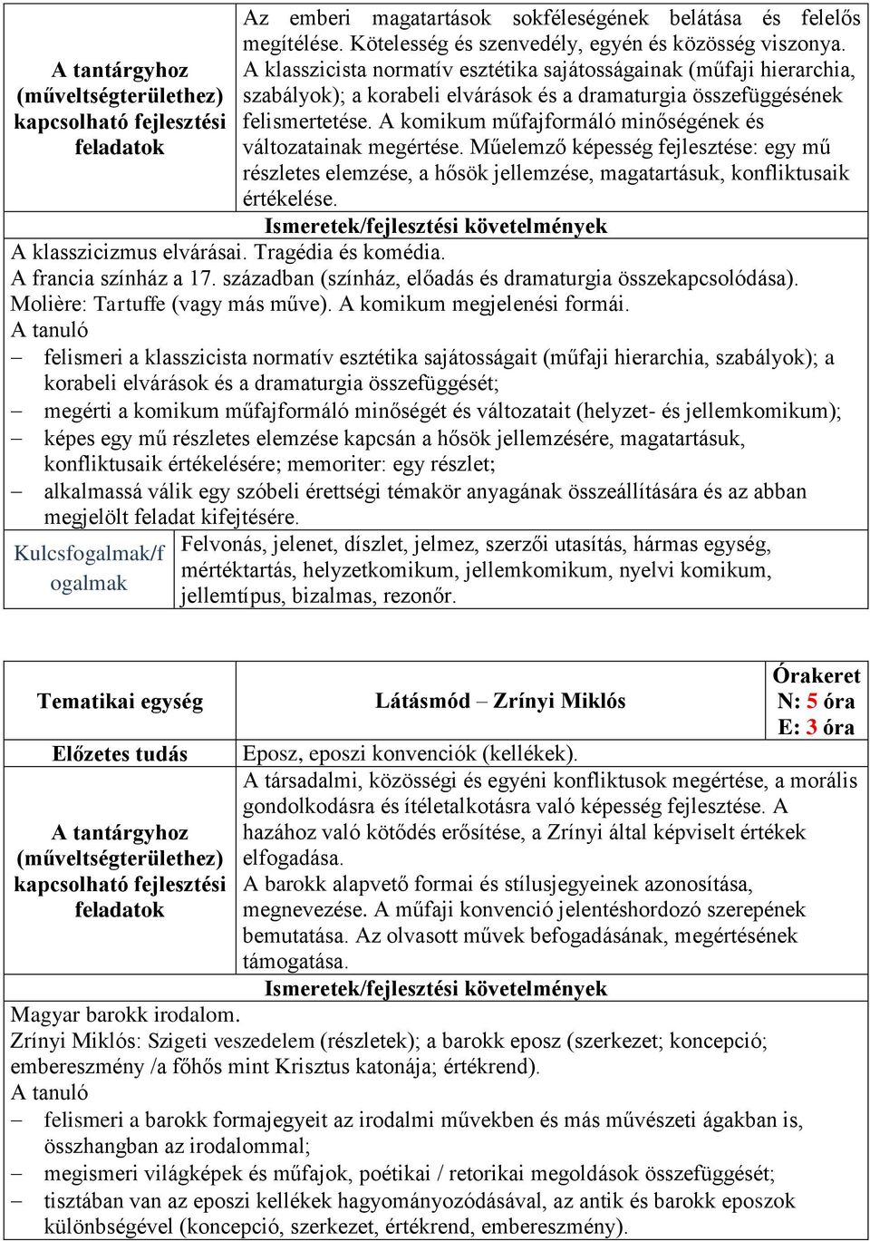 A komikum műfajformáló minőségének és változatainak megértése. Műelemző képesség fejlesztése: egy mű részletes elemzése, a hősök jellemzése, magatartásuk, konfliktusaik értékelése.