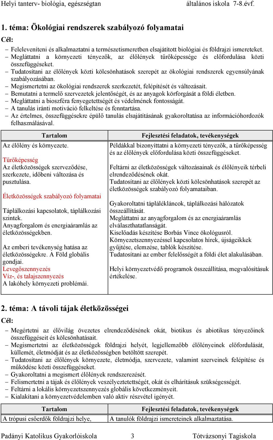 Tudatosítani az élőlények közti kölcsönhatások szerepét az ökológiai rendszerek egyensúlyának szabályozásában. Megismertetni az ökológiai rendszerek szerkezetét, felépítését és változásait.